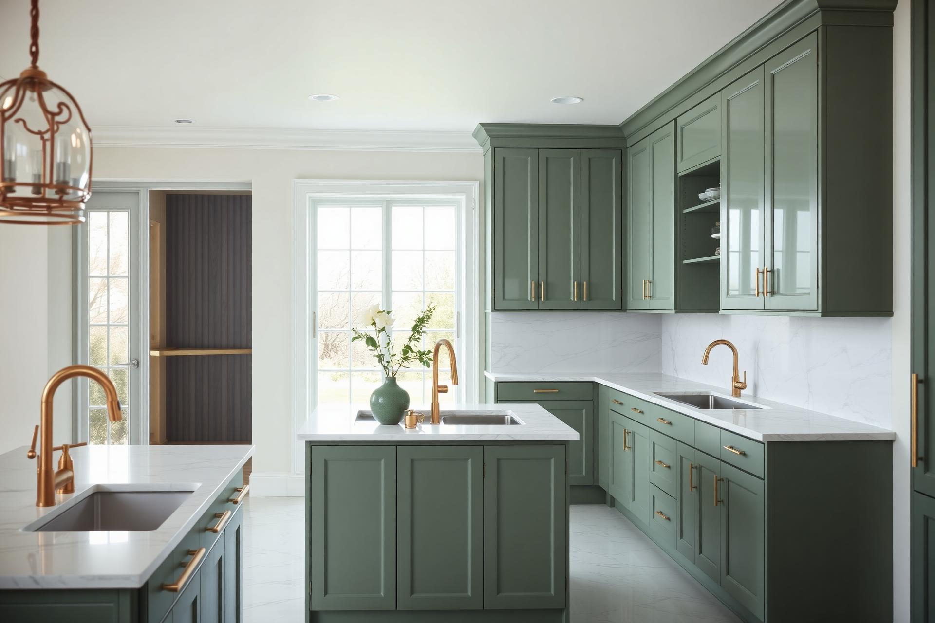 A bright modern kitchen with sage green cabinets and white marble countertops